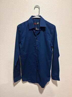 J.Ferrar Slim Fit Stretch Long Sleeve Dress Shirt Blue Polka Dot Size S 14-14.5